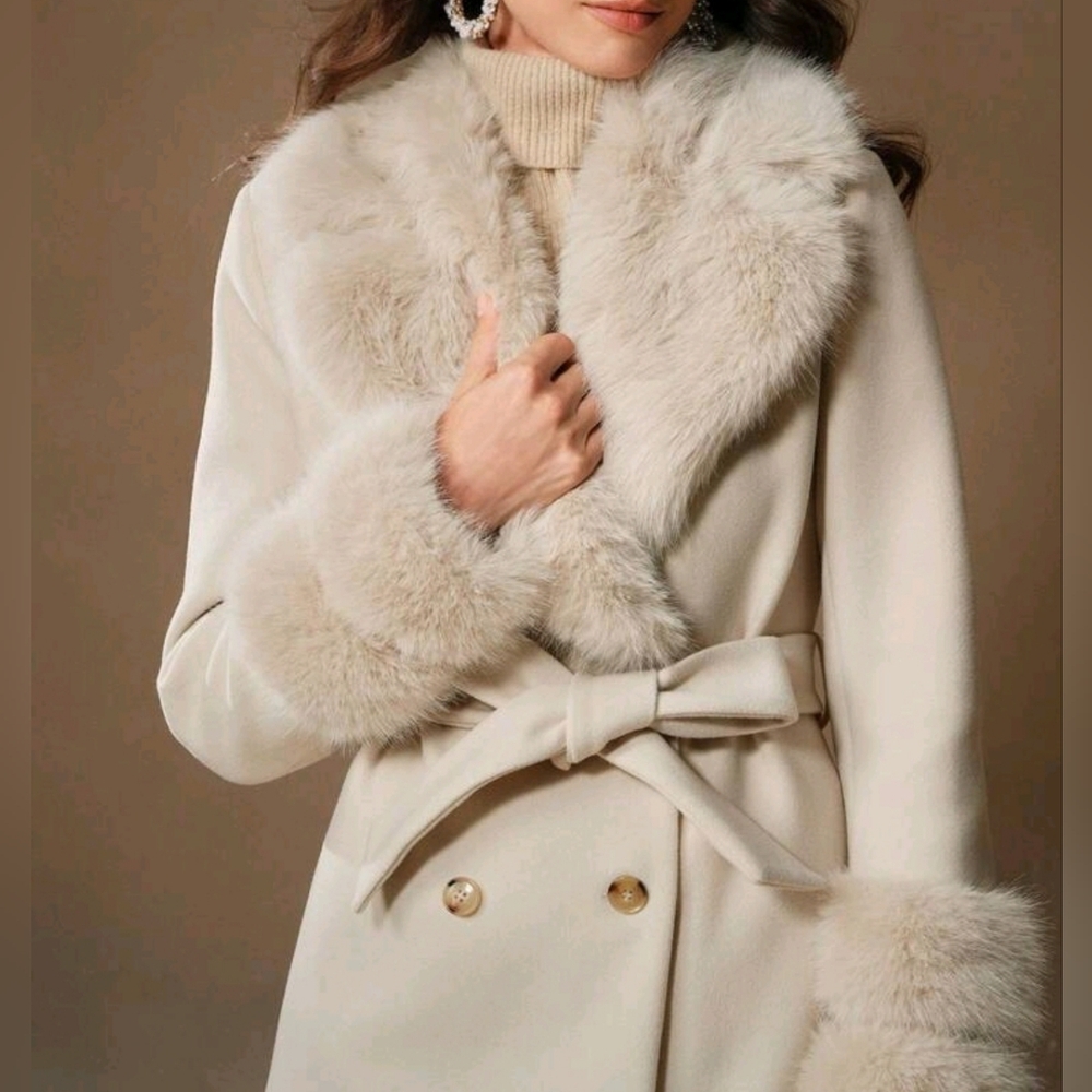 NEW Glam Faux Fur Borg Collar Double Breasted Tie Waist Jacket Coat Beige Cream - Picture 8 of 13